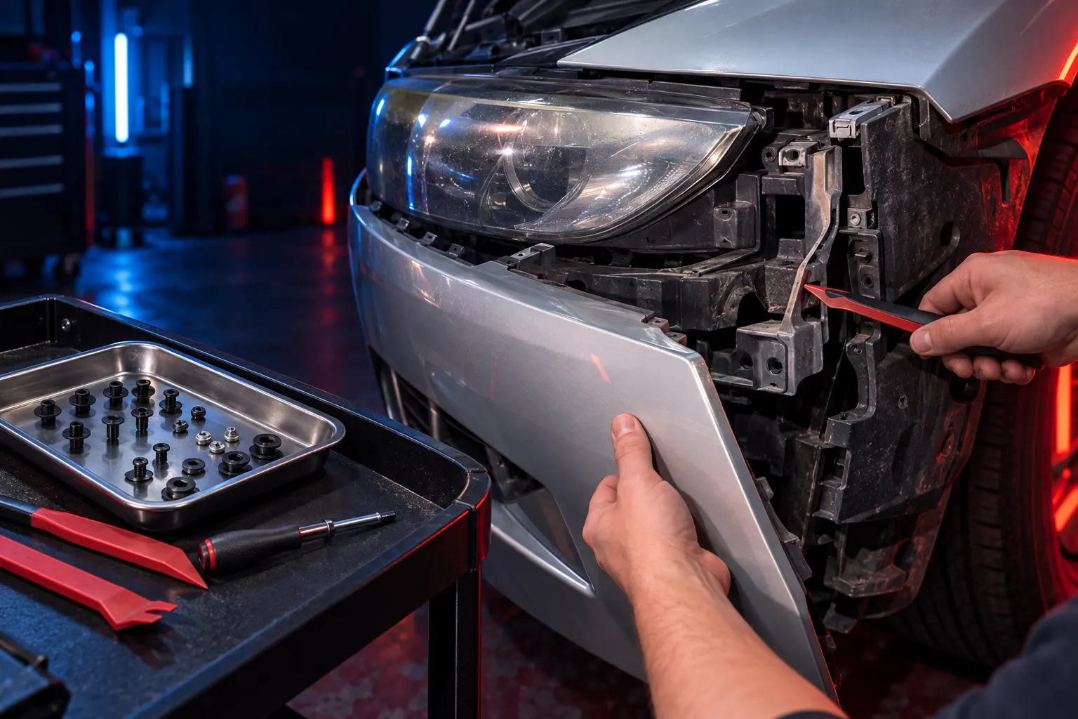 Controlled bumper removal to access the BMW headlight