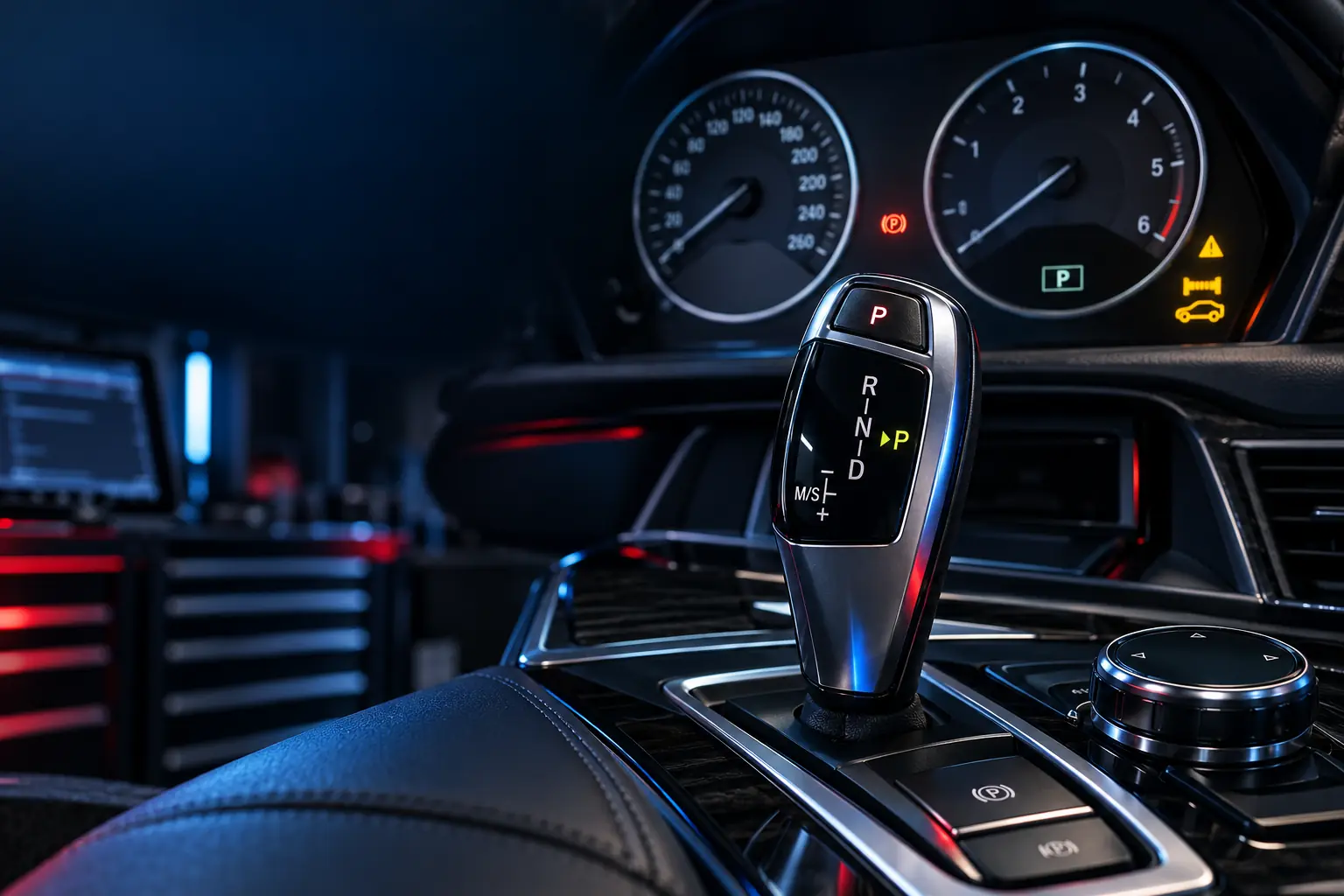 BMW electronic selector with Park selected and warning active