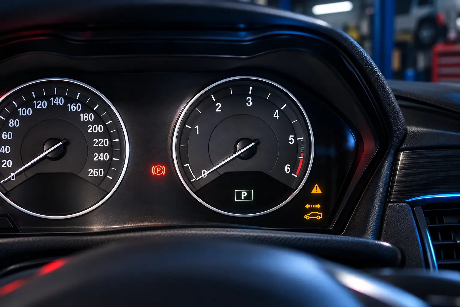 BMW cluster showing Park and a secure-vehicle warning