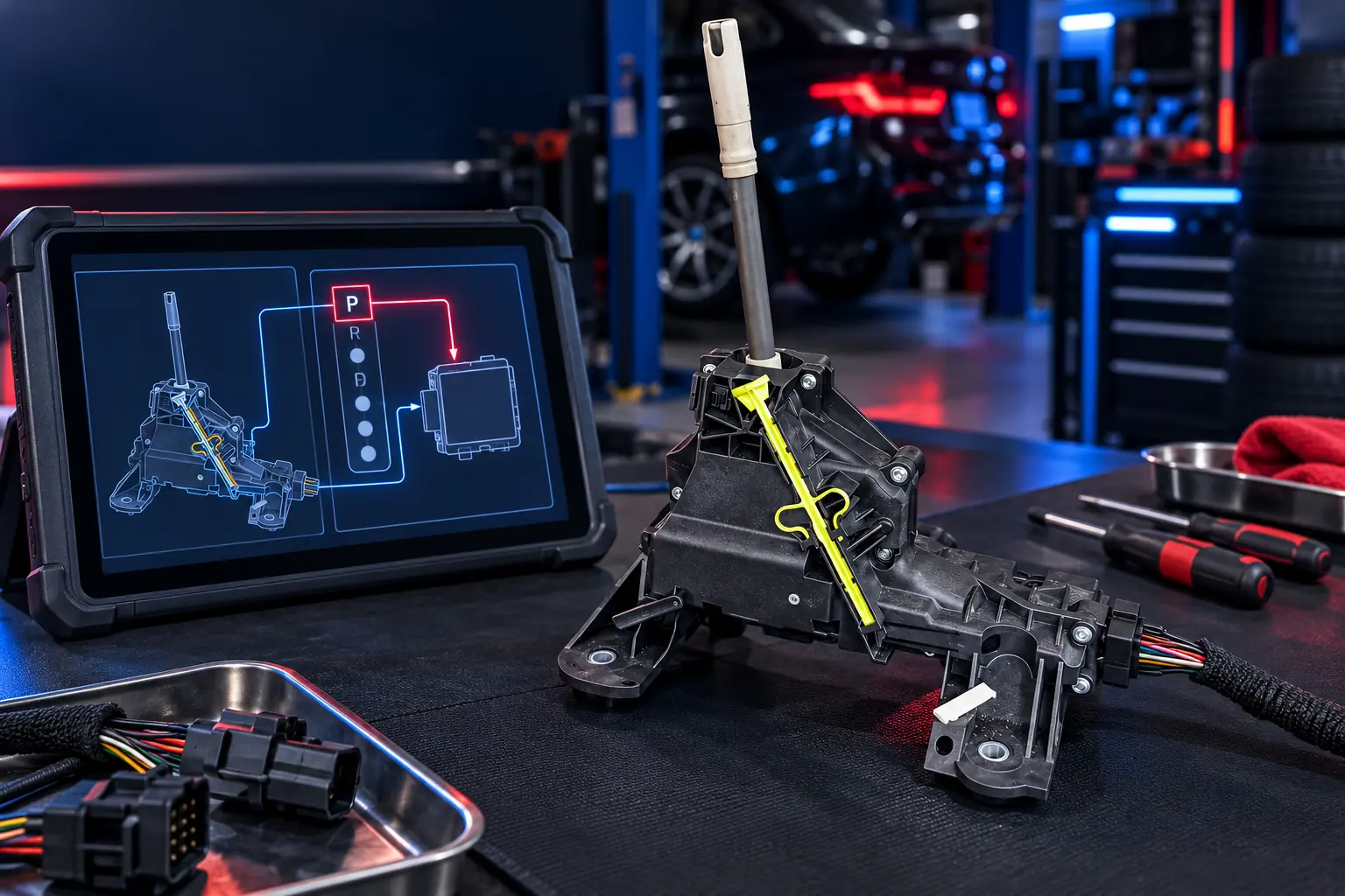 BMW electronic selector assembly on the diagnostic bench