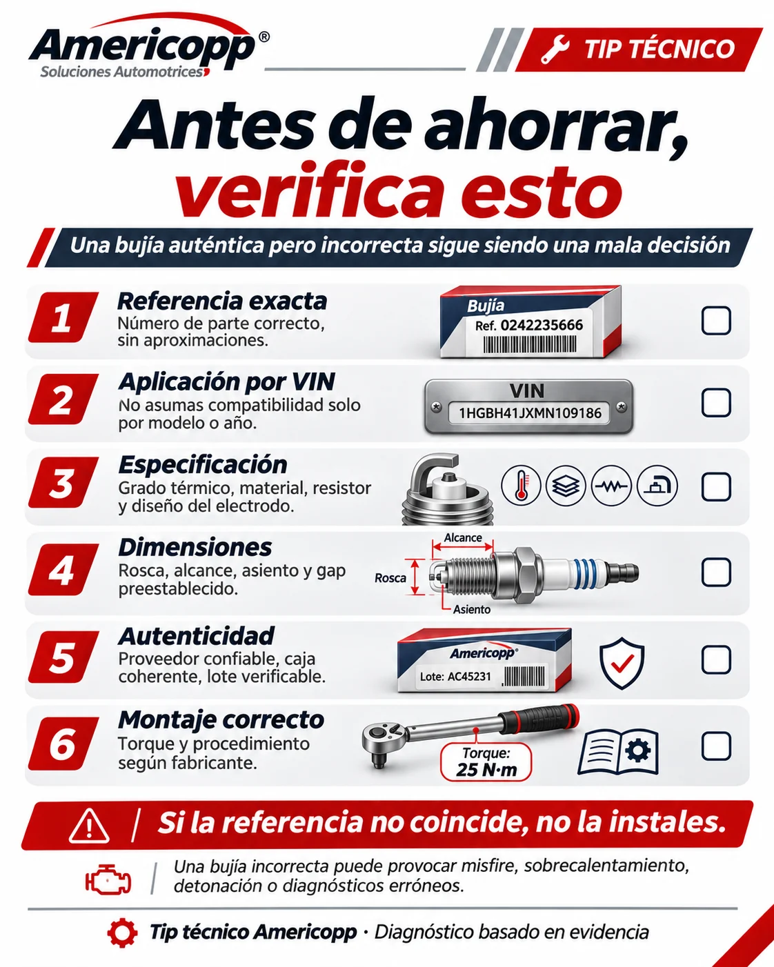 Spanish checklist: reference, VIN, specification, dimensions, authenticity and installation; illustrated torque is not an instruction