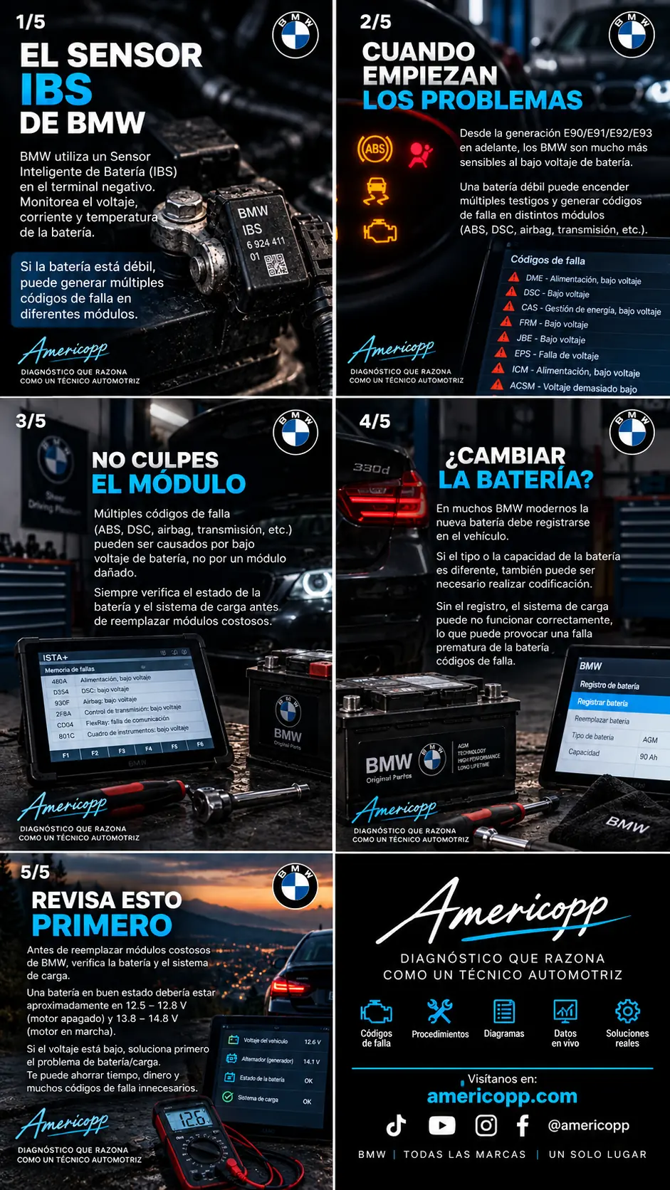 Carrusel original aprobado Americopp: batería BMW, sensor IBS, bajo voltaje, módulos, registro y sistema de carga